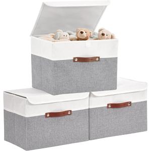 DECOMOMO Fabric Storage Bins with Lid, Storage Baskets for Shelves (Grey and White, 3 Pack) (Large)