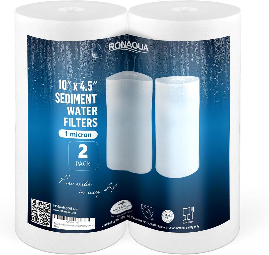 Ronaqua 10" x 4.5" Big Sediment Replacement Water Filter Cartridge, 1 Micron, NSF Certified, for Whole House, Compatible with RFC-BBSA, W15-PR, WFHD13001B, GXWH35F, HF45-10BLBK10PR and AP817, 2 Pack