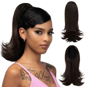 Short Drawstring Ponytail Hair Extension for Black Women 14 Inch Straight Ponytail with End Curls Synthetic Fake Hairpieces Black Brown