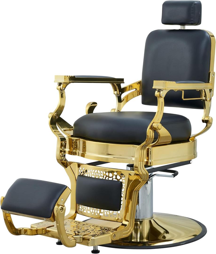 Grace&Grace Vintage Barber Chair for Barbershop,Heavy Duty Recline Salon Chair for Hair Beauty Stylist Tattoo Home (Golden-Black)