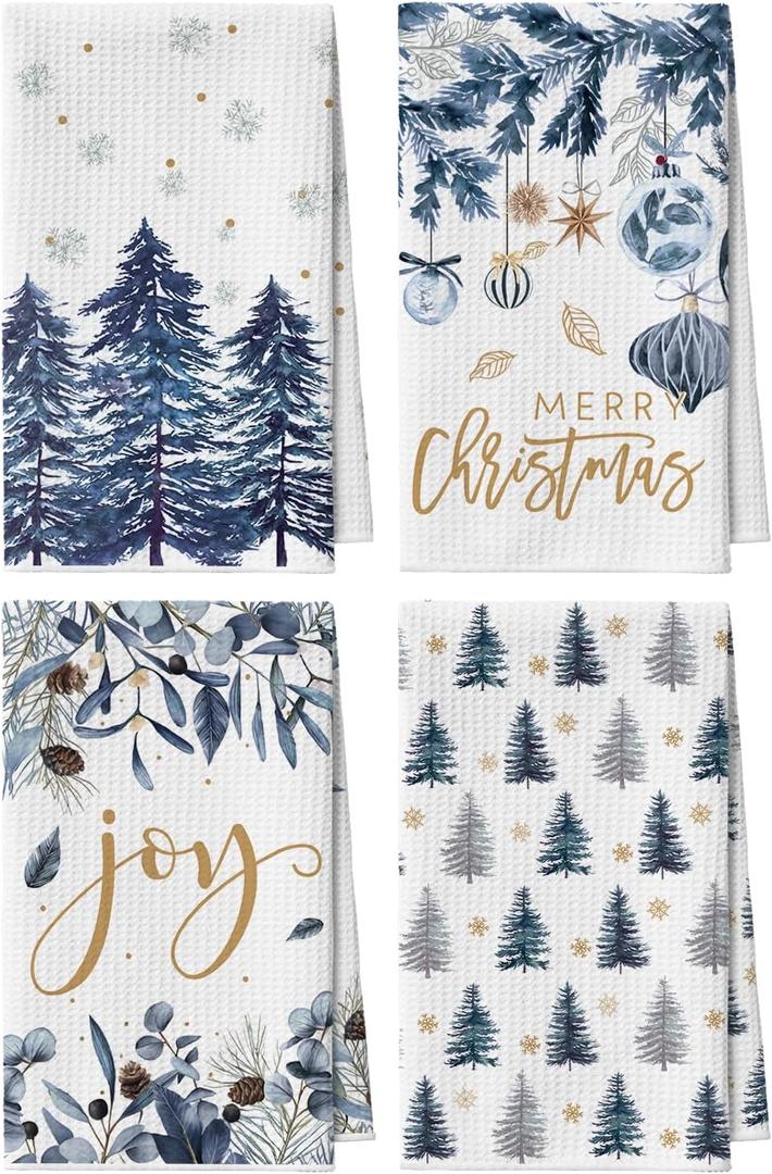 Artoid Mode Blue Xmas Tree Pinecone Christmas Bar Kitchen Towels, 12x24 Inch Quick Dry Microfiber Cloth Dish Towels for Kitchen Drying Set of 4