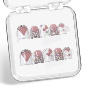 Handmade Press on Nails Rhinestone French Tip Fake Nails Muti-Layer Gel Short Duck False Nail with Luxury 3D White Flower Bow Design Full Cover Thicked Acrylic Nail Stick on Nail for Women (S)