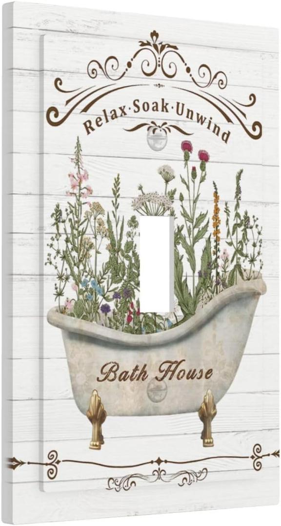 Rustic Farmhouse Wooden Board Botanical Flower Single Toggle Light Switch Plates Cover Decorative 1 Gang Wall Plate Electrica Faceplate for Bathroom Bedroom Decorate Accessories