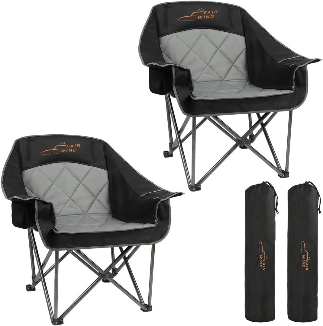 FAIR WIND 2 Pack Oversized Padded Camping Chair Heavy Duty Quad Fold Arm Chair Portable for Outdoor - Support 500LBS, Black
