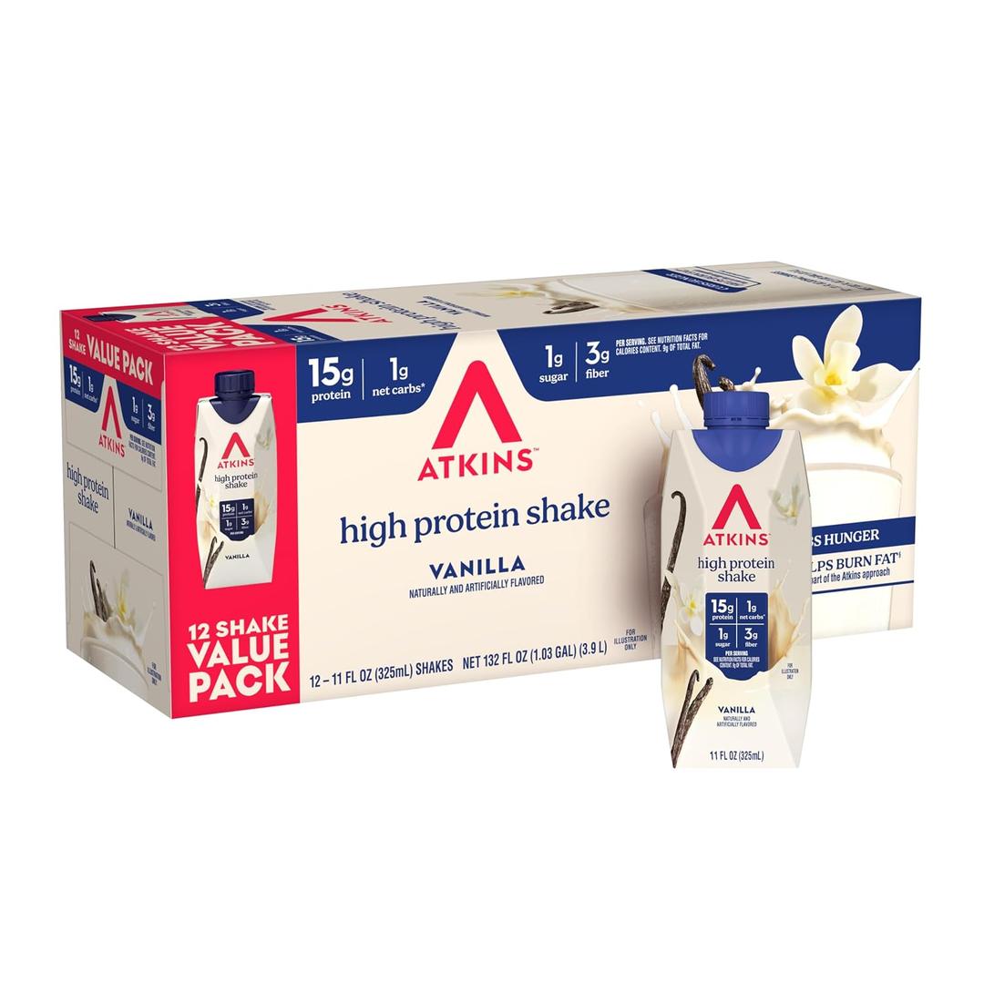 Atkins Vanilla High Protein Shake, 15g Protein, Low Glycemic, Low Carb and Low Sugar Protein Shakes, Keto Friendly Ready to Drink Shakes, 12 Vanilla Flavored Protein Shakes (EXP 07/17/26)