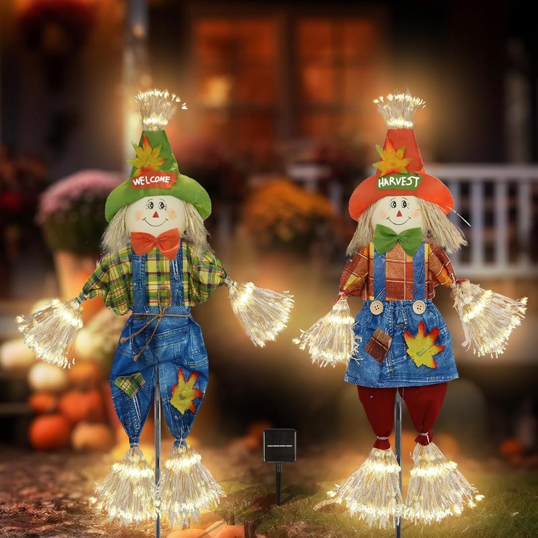 Fall Decorations Outdoor Scarecrow with Firework Lamp, Solar Powered Autumn Harvest Thanksgiving Halloween Decor for Yard,Garden,Porch, Farmhouse - 39 Inch