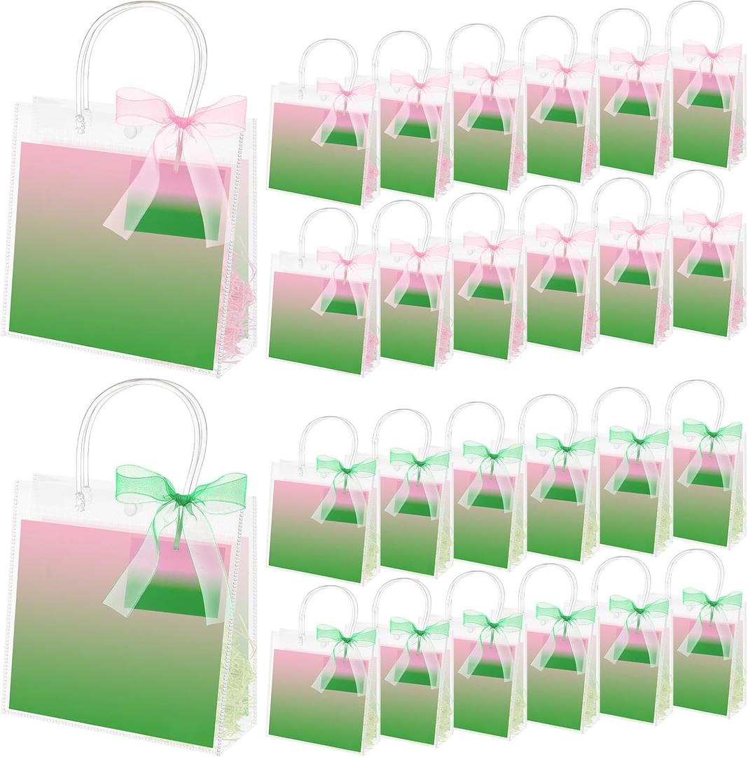 Sweetude 24 Pcs Pink Green Witch Party Favor Goodie Bags PVC Clear Candy Treat Bags with Handles Raffia Rope Birthday Party Gifts Decorations Supplies for Girl Woman Lady