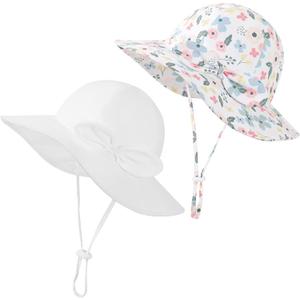 2 x Baby Girl Sun Hat 2Pack Infant Toddler Swim Wide Brim Strap Bucket Hat with UPF 50+ Adjustable (White)