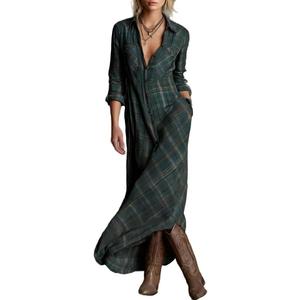 Womens Plaid Maxi Dress Lapel Long Sleeve Button Down Shirt Dress Vintage Western Flowy Dresses with Pockets, Green, X-Large