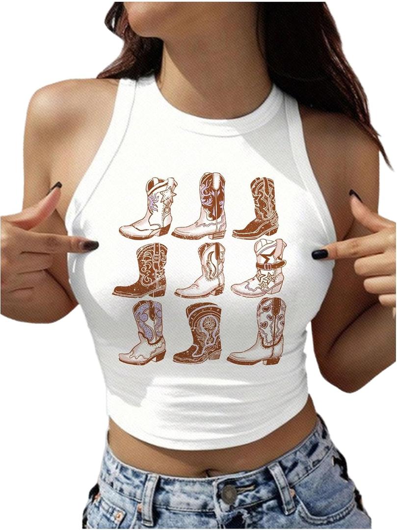 WDIRARA Women's Graphic Sleeveless Crop Tank Tops Crew Neck Western Rodeo Cowgirl Shirt (Large, White)