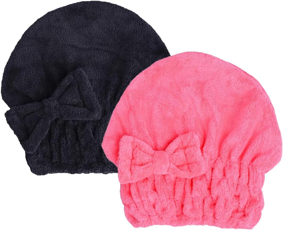 HOPESHINE Microfiber Hair Towel Cap for Women Wet Short or Long Curly Hair Super Absorbent Quick Dry Turbans Anti Frizz Great Gift for Women and Girls (Black+Rose red, 2)