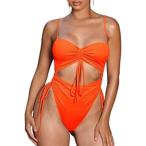 Viottiset Women's Cut Out Drawstring One Piece Swimsuit Cheeky High Cut Bathing Suit, Neon Orange, S