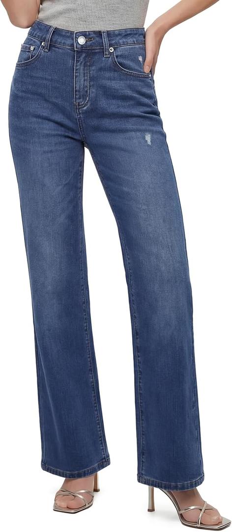 High Waisted Relaxed Straight Leg Jeans for Women, Stretch Denim Loose Fit Everyday Casual Pants, 10