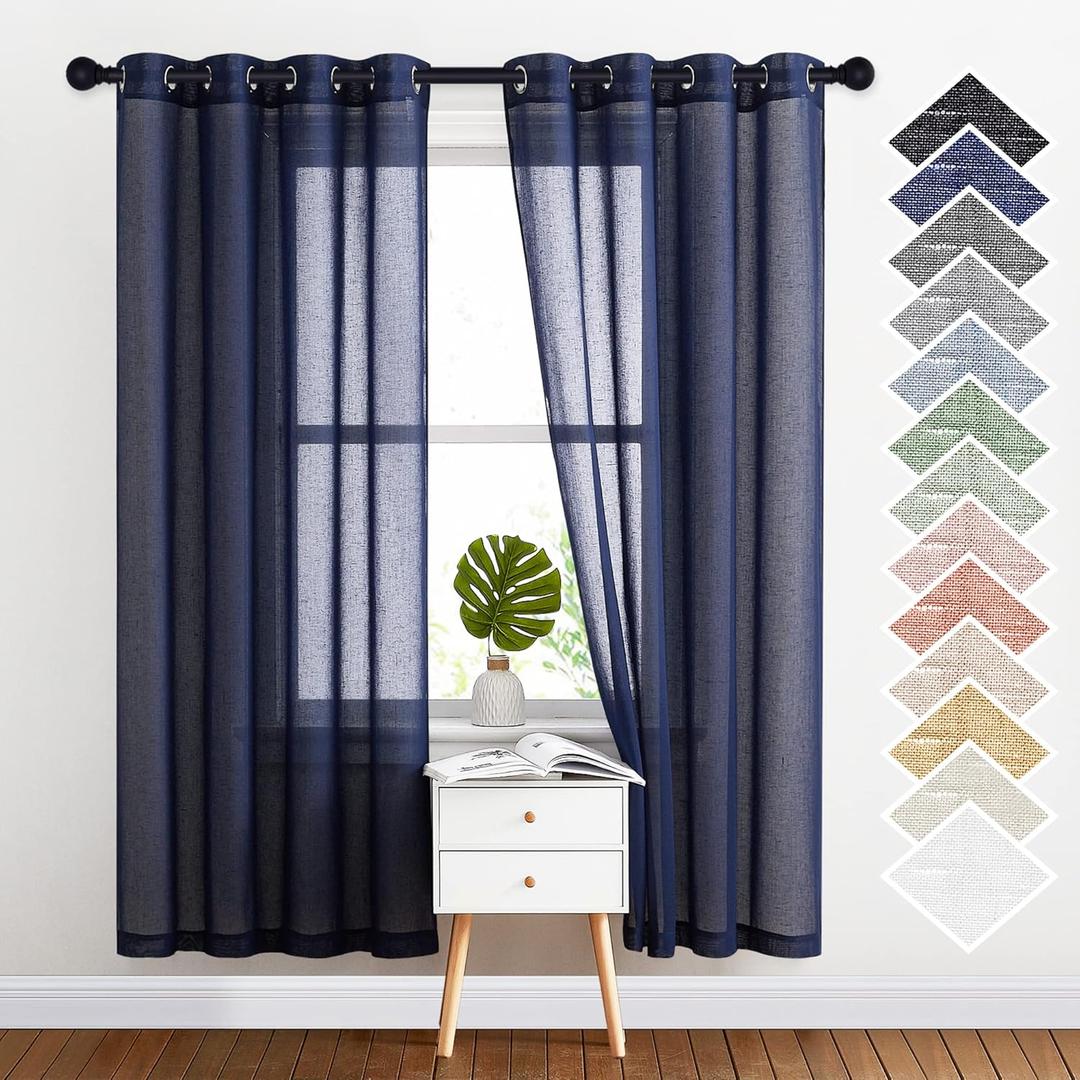 NICETOWN Natural Open Linen Weave Flax Textured Sheer Window Curtains, Medium Long Privacy Semi-Transparent Sheer Panels for Farmhouse / Bedroom, Total 2 Panels, Dark Blue,W52 x L72
