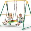 2-in-1 Swing Set for Backyard for Kids, with 1 Saucer Swing, 1 Belt Swing, 440lbs Metal Swing Set for Toddler, Heavy-Duty Swing Stand w/8 Ground Stakes, Outdoor Swingset for Kids Adults (Green)