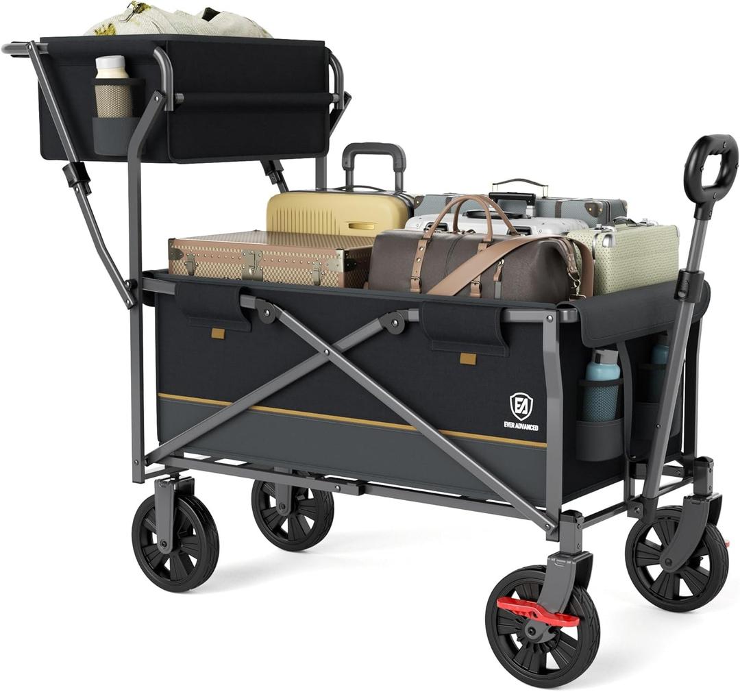 EVER ADVANCED Collapsible Push & Pull Shopping Cart with Wheels & Brakes, Foldable Wagon for Groceries with Practical Basket, Side Pockets & Cup Holders, Beach Utility Rolling Cart for Camping, Black