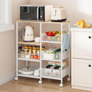 SWTYMIKI Kitchen Island Cart on Wheels - 4 Tier Rolling Kitchen Table Cart with Storage Shelves, 6 Removable Hooks& Locking Casters, Coffee Bar Cabinet for Dining Room Pantry Office, White