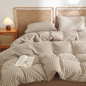 Nayoroom Gingham Duvet Cover Queen Size 100% Washed Cotton Brown Tan Plaid Checkered Comforter Cover 3 Pcs Soft Breathable Grid Farmhouse Dorm Bedding Set for All Seasons