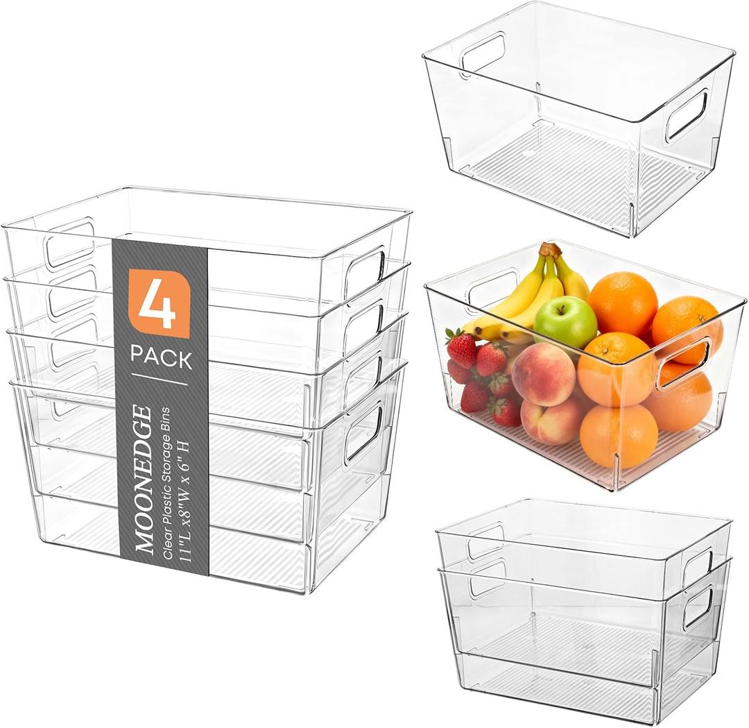 MOONEDGE Large Clear Plastic Storage Bins 4 Pack, 12" x 8" x 6" Stackable & Durable Organizers for Kitchen, Pantry, Refrigerator & Bathroom  Food Safe, Easy to Clean, Ideal for Home Organization