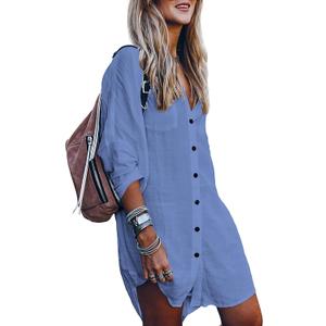 POGTMM Women's Swimsuit Cover Up Summer Beachwear Button Down Shirt Bikini Bathing Suit Beach Coverup Mini Dresses (Medium, Cow Blue)