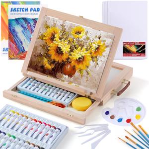 Wooden Tabletop Art Easel Set for Painting, 54 Pieces Starter Acrylic Paint Set with 24 Colors Acrylic Paints, Canvases, Sketch Pads, Brushes and Palette for Beginners Young Artists and Adults