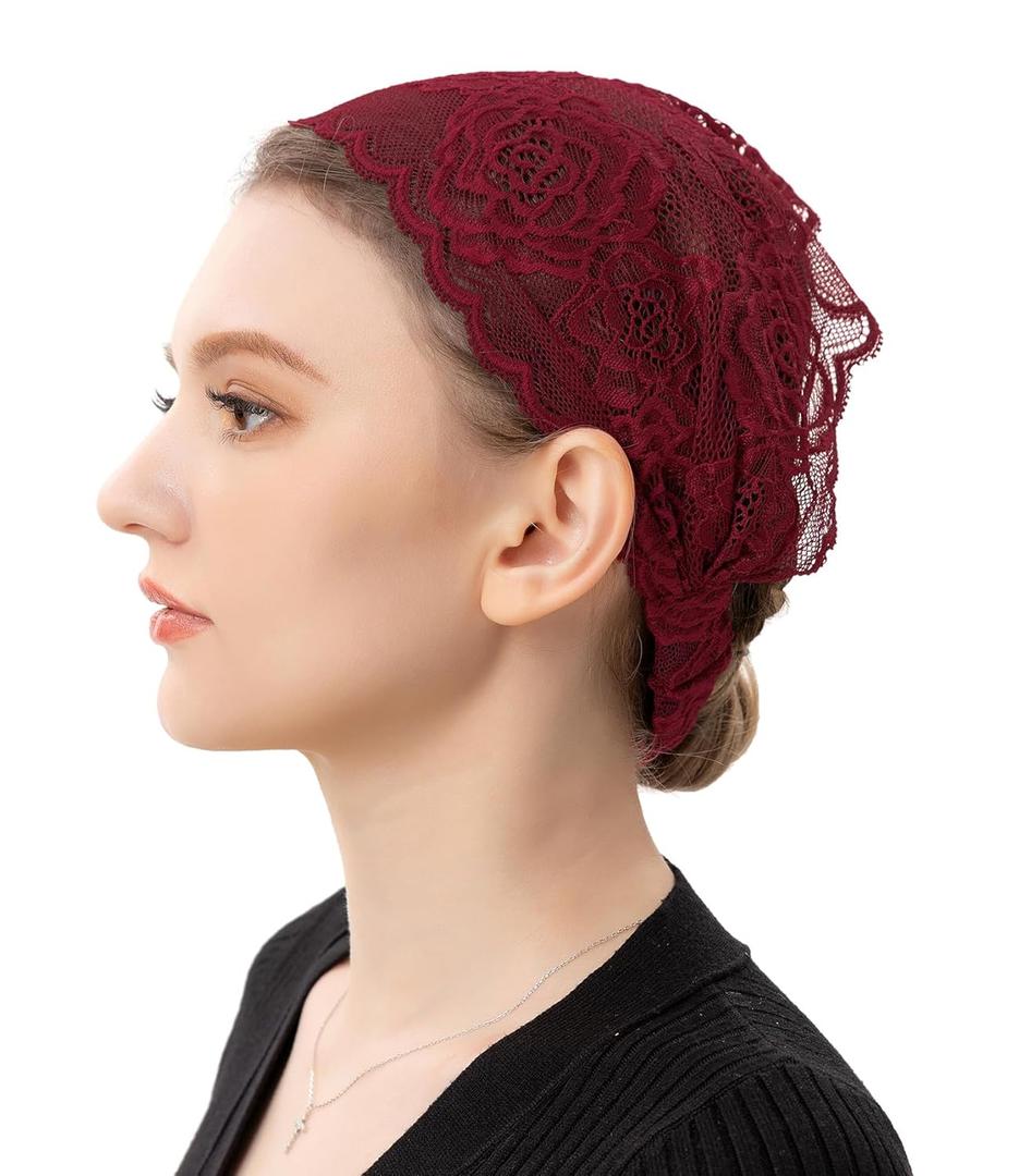 PAMOR Stretchy Rose Lace Headband Floral Headwrap Chapel Veils Latin Mass Head Covering Catholic Church Veil with Bobby Pins (Burgundy)