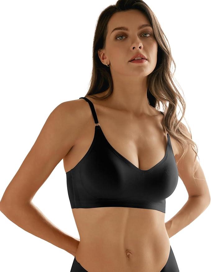 DEANGELMON V Neck Bra Padded Seamless Adjustable Straps Bralettes Everyday Basic Sleeping Bras Multiple Pack (Large, Black)