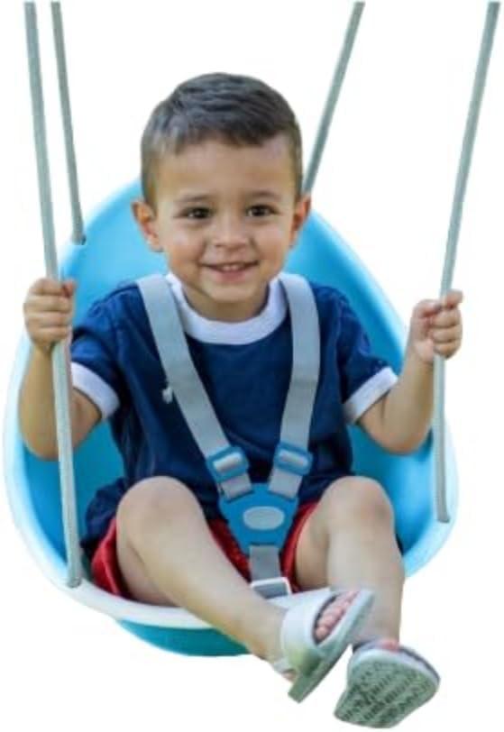 Swurfer Coconut - Your Child's First Swing with Blister Free Rope and 3-Point Safety Harness - Indoor and Outdoor - Swing for Babies and Toddlers - Ages 9 + Months - Up to 50 lbs, Blue
