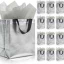 KeerxunBag 12pcs Reusable Gift Bags（Includes Tissue Paper） Gift bag with handle Birthdays Parties Holidays Weddings Medium 10x4x8in silver Gift Bags