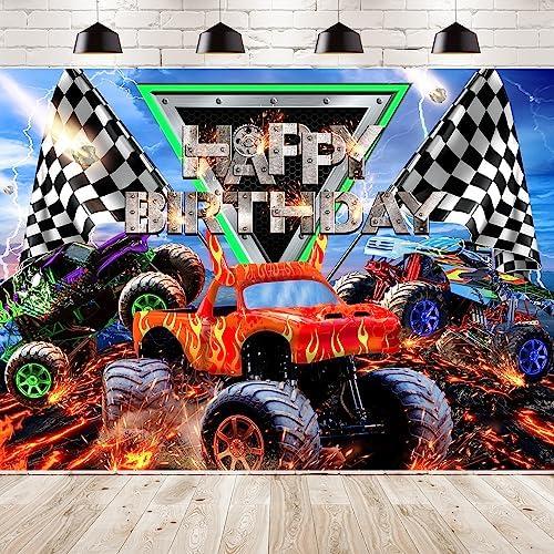 Newsely Truck Themed Birthday Party Supplies Backdrop 7Wx5H Monster Boys Kids Happy Birthday Background Photography Jam Burning Flame Car Grave Digger Party Decorations Banner Photo Booth Props