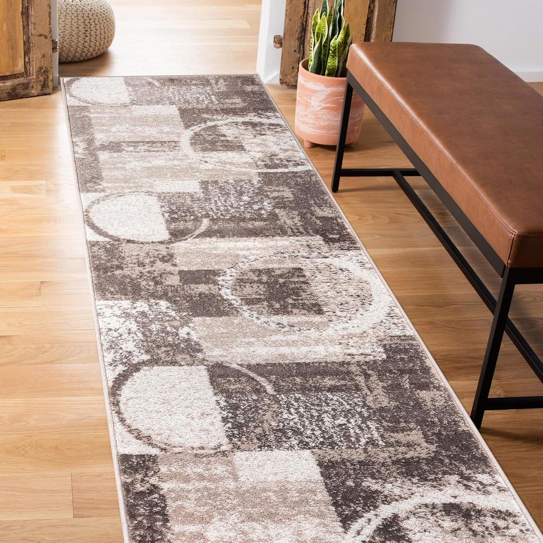 Rugshop Contemporary Abstract Circle Design Soft Runner Rug 2' x 10' Brown (2' x 10', Brown)
