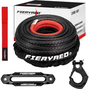 FIERYRED Synthetic Winch Rope 3/8 Inch100FT 23809Ibs Winch Line Cable Rope with Winch Hook Fairleads for 4WD Off Road Vehicle ATV UTV SUV (Black)