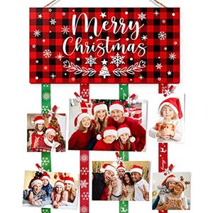 Christmas Card Holder Picture Frames Collage Wall Decor Christmas Card Display Hanging Picture Board with 30 Photo Clips, Picture Holder Farmhouse Merry Christmas Sign for Bedroom Living Room Kitchen