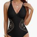 Blooming Jelly Womens Tummy Control One Piece Swimsuit V Neck Slimming Bathing Suits Cut Out Color Block Swim Suits,M