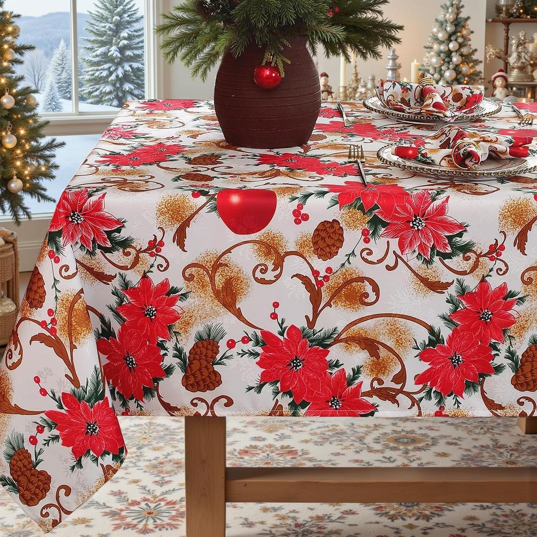 SASTYBALE Christmas Tablecloth Rectangle, Jacquard Fabric Christmas Table Cloth with Poinsettia Flowers, Spillproof Table Cover for Winter Holiday Dinner Decor (Rectangle, 60" x 84")