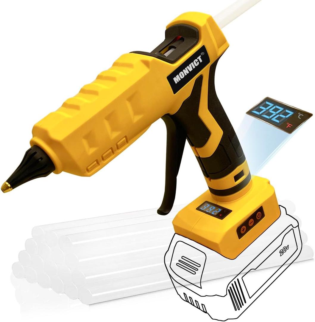 MONVICT Cordless Glue Gun for Dewalt 20V Battery, Upgraded 100W Digital Temperature Adjustable Handheld Electric Power Full Size Heavy Duty Hot Glue Gun with 10 Glue Sticks (Battery Not Included)