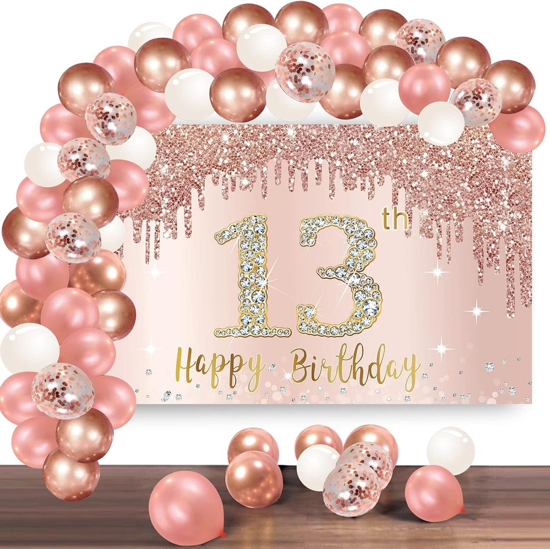 Happy 13th Birthday Banner Backdrop Decorations with Confetti Balloon Garland Arch, Rose Gold 13 Birthday Banner Balloon Set for Girls, Pink 13 Year Old Bday Poster Photo Booth Decor