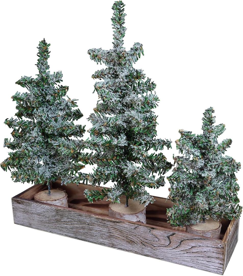 Winlyn Set of 3 Mini Snowy Artificial Canadian Pine Christmas Trees with Wood Bases Small Tabletop Christmas Trees in Rustic Wood Planter for Christmas Winter Table Centerpiece Holiday Decorations