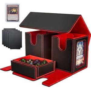 Jeixynik MTG Deck Box, 3-in-1 MTG Commander Deck Storage with Dice Tray, 4 Dividers & 2 Commander Displays, Removable Leather Magnetic Case Fits 200 Cards for TCG, CCG - Black-Red