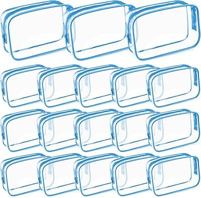 Saintrygo 18 Pack Clear Makeup Bags 7 x 5 PVC Cosmetic Bag Plastic Zippered Pouches Portable Toiletry for Women Men Travel Vacation Bathroom Organizing(Clear Color, Blue Border)