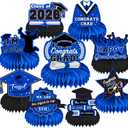 2 x 9Pcs Graduation Decorations Class of 2026 Blue and Black - Congrats Grad Honeycomb Centerpieces, Large Graduation Table Toppers for High School College Graduation Party Supplies 2026