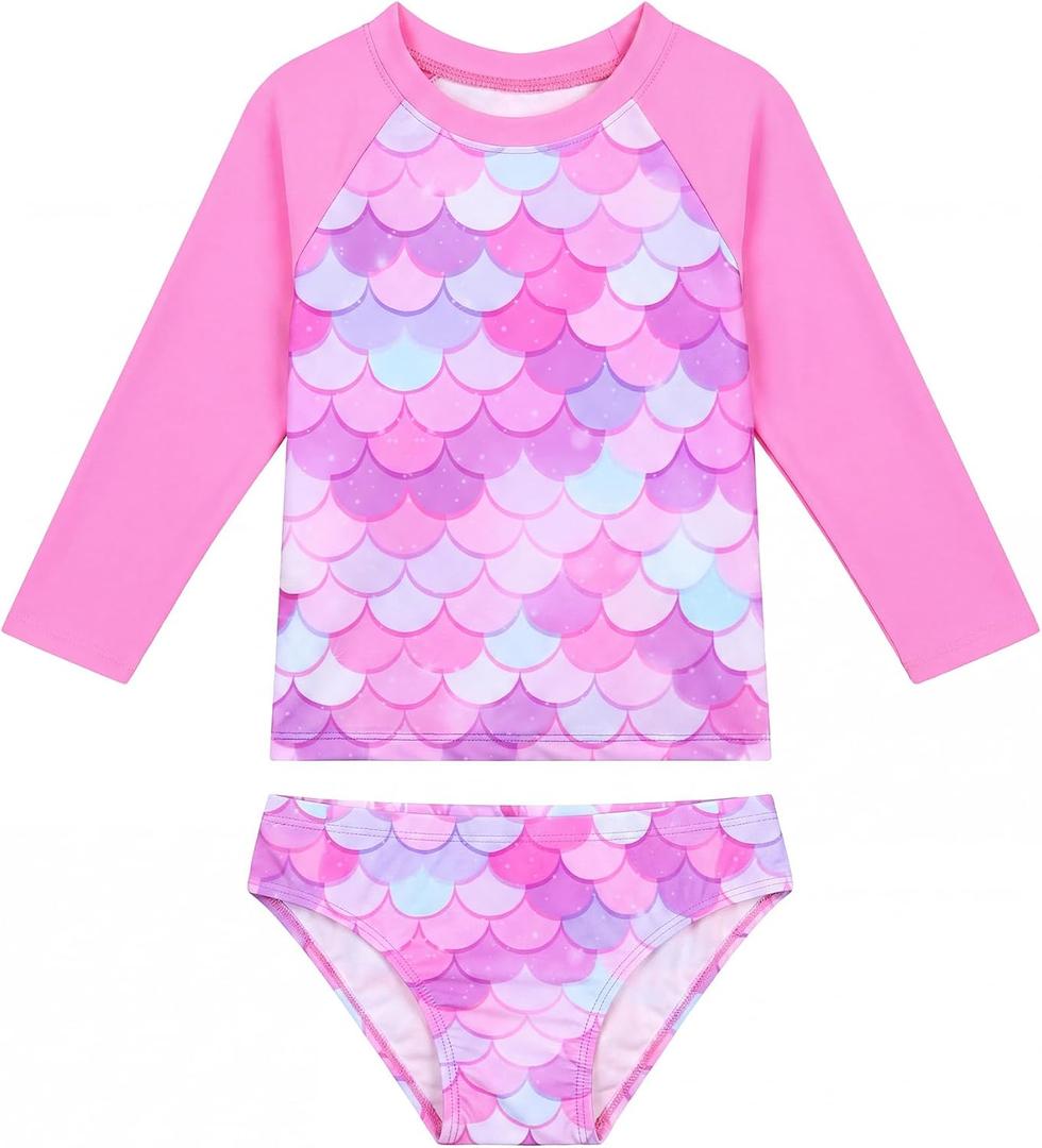 Snowheart Girls Swimsuit Long Sleeve Rash Guard | Multicolor for beach, pool, summer vacation. Stretch fabric, quick dry, breathable. UPF 50+ sun protection. (Pink)
