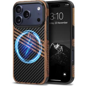 TENDLIN Magnetic Case Compatible with iPhone 17 Pro Max Case Wood Grain with Carbon Fiber Texture Design Leather Hybrid Slim Cover (Compatible with MagSafe) Three Stripe