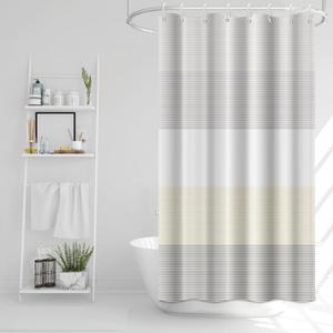 Boho Shower Curtain for Bathroom 48x72 inches White Grey Lines Waterproof Shower Curtain Set with Hooks Bohemian Stripe Fabric Stall RV Shower Curtains (Beige)