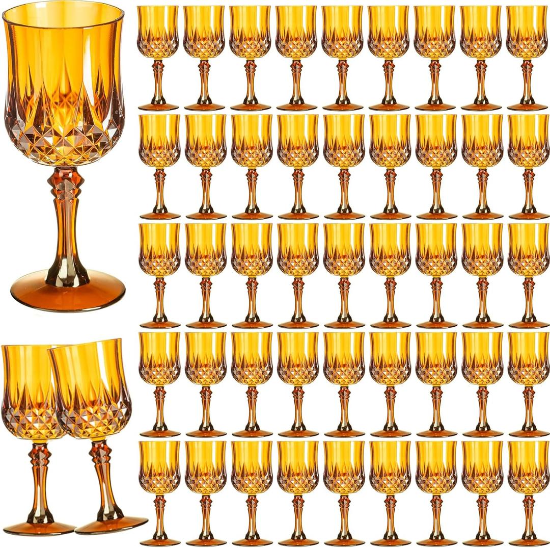 7OZ Plastic Wine Glasses, 48Pcs Amber Reusable Drinking Cups Vintage Champagne Flutes, Plastic Crystal Water Goblets for Parties Stemmed Shatterproof Drinking Glasses for Wedding, Toasting Party