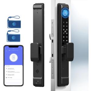 Sliding Glass Door Lock, Dhiedas Sliding Door Smart Lock with Fingerprint RFID Keypad Bluetooth App Electronic Digital Biometric Safety Patio Door Double Hook Slim Mortise Lock Set with Handle