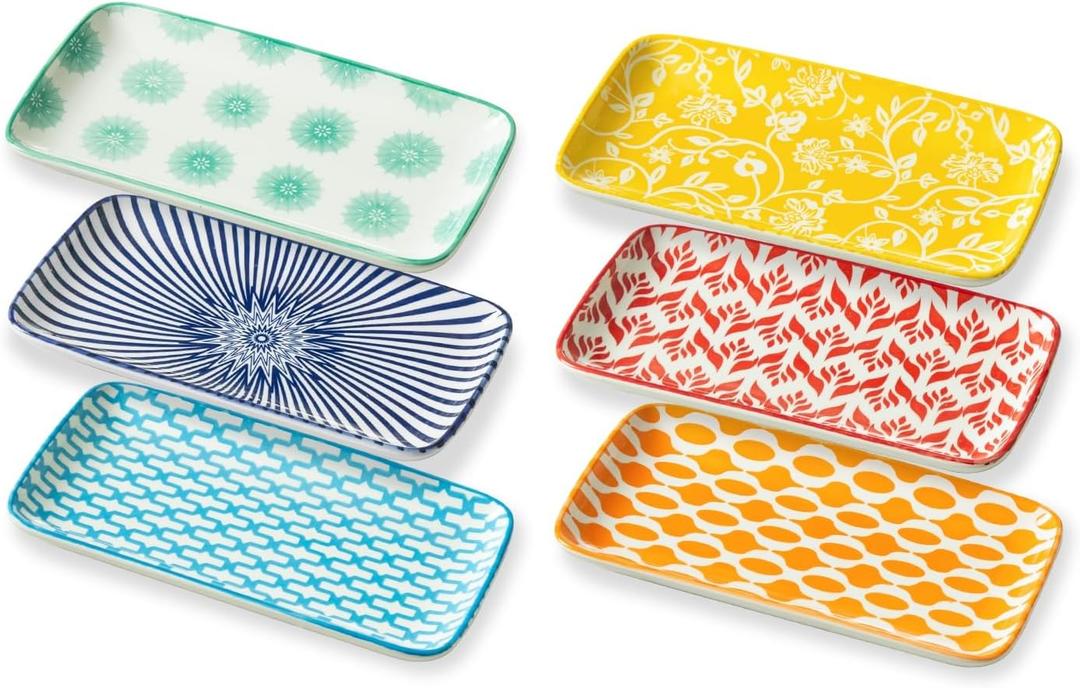 Ceramic Rectangle Salad Plates Set - 8.1" x 4.5" Rectangular Serving Trays - Serving Platter for Sushi Dessert Pasta Appetizer Dinner - Microwave Dishwasher Safe - Set of 6 - Assorted Colors (8.3 inch, 6 pcs)
