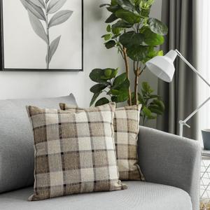 UGASA Classic Retro Checkered Plaids Cotton Linen Cushion Cover Square Throw Pillow Cover 5 Tone Modern Farmhouse Cushion for Sofa, 18x18 Inch(45cm), Set of 2, Natural + Brown