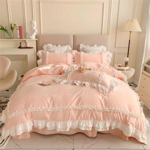 Girls Lace Bedding, Queen Comforter Cover Set, Chic Ruffled Duvet Cover with 2 Layers Ruffle,Princess Style 1 Duvet Cover with 2 Pillowcases, No Comforter-Pink,Queen Size