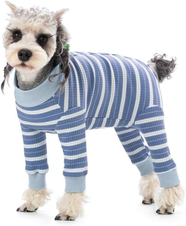 Dog Striped Recovery Suit, Puppy After Surgery Onesie for Female Male Dogs, Dogs Cats Long Sleeve Pajamas Bodysuit, Surgery Abdominal Wound Bandages Clothes, Dog Pant for Shedding Skin Disease, Dark Blue, Large